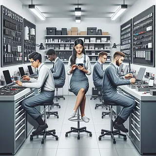 Modern phone repair shop with technicians working