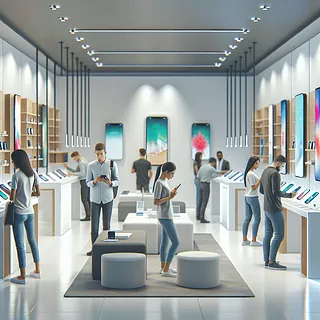 Modern phone shop with customers browsing phones.